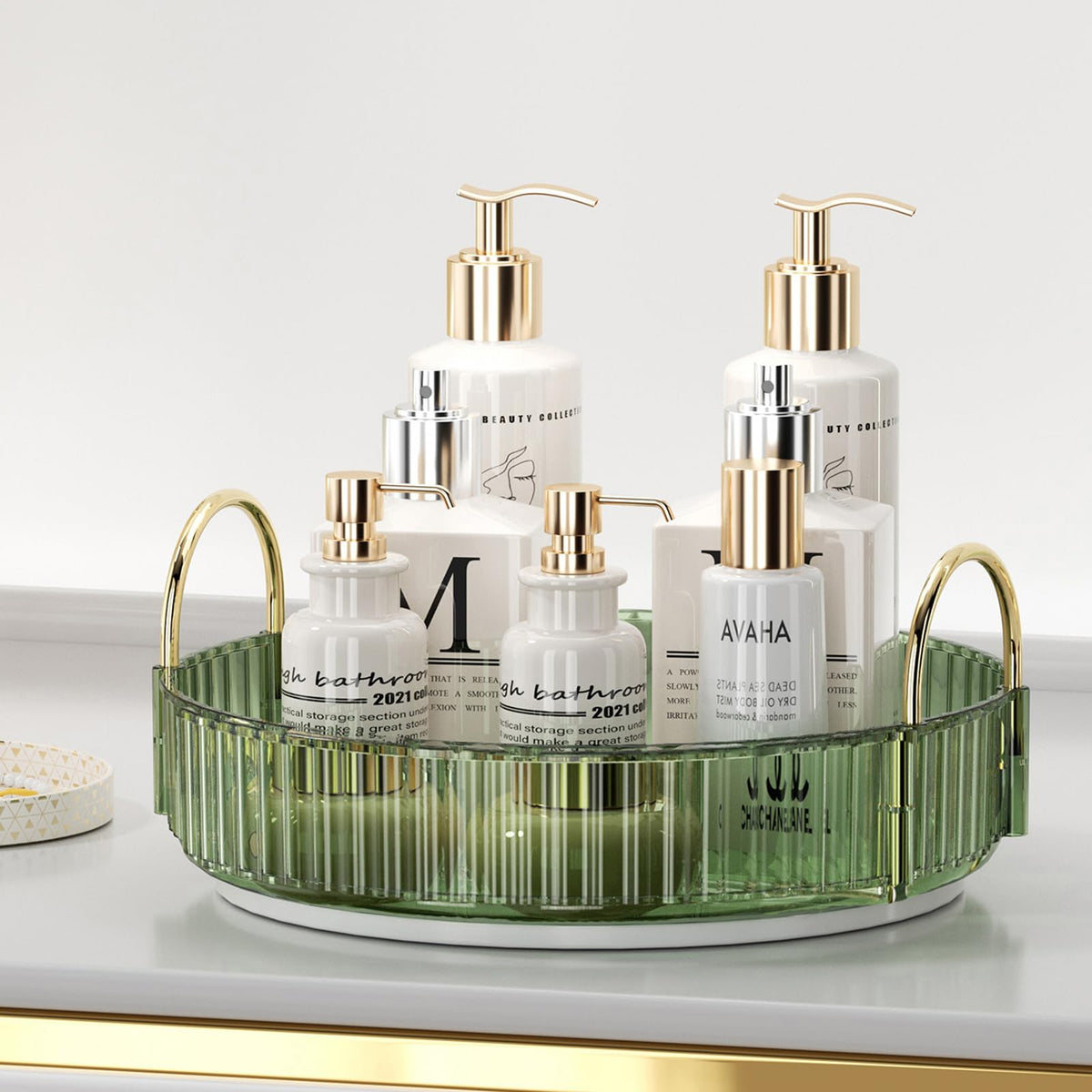 UNICOMVSX rotating makeup organizer on vanity for easy access to cosmetics.