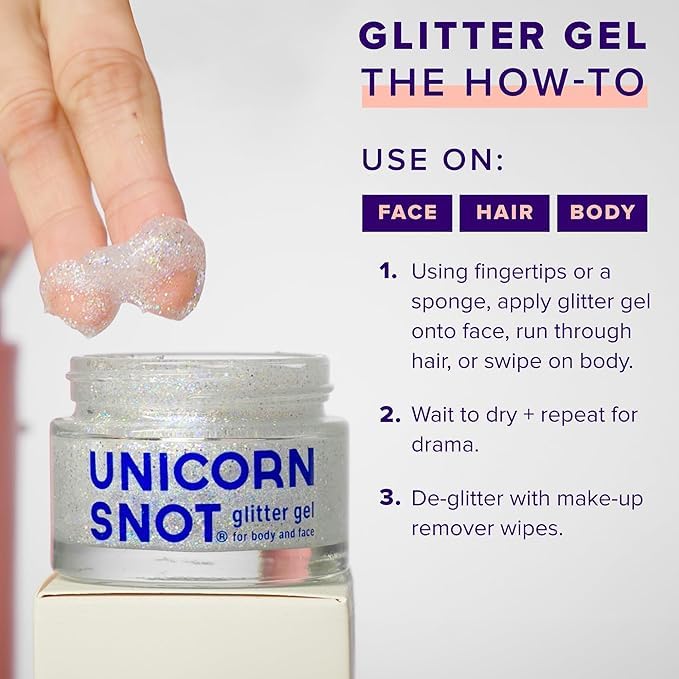 UNICORN SNOT glitter gel on face application UV enhances cheeks easily removable