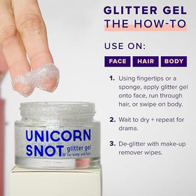 UNICORN SNOT glitter gel on face application UV enhances cheeks easily removable