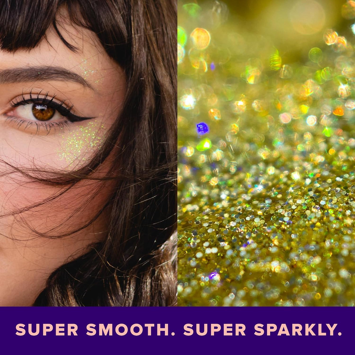 UNICORN SNOT glitter gel on the face creates a vivid highlight with precise application.
