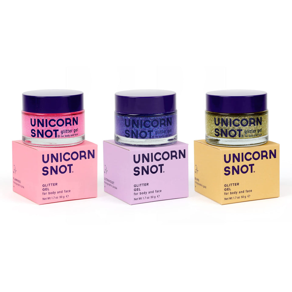 UNICORN SNOT flamingo glitter gel bottle adds bold glow to skin and cheeks for festival looks.