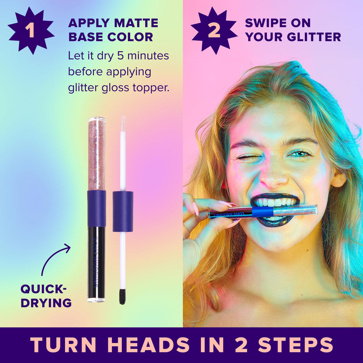 UNICORN SNOT Quiet Riot glitter gloss highlights silky shimmer and party-ready sparkle.