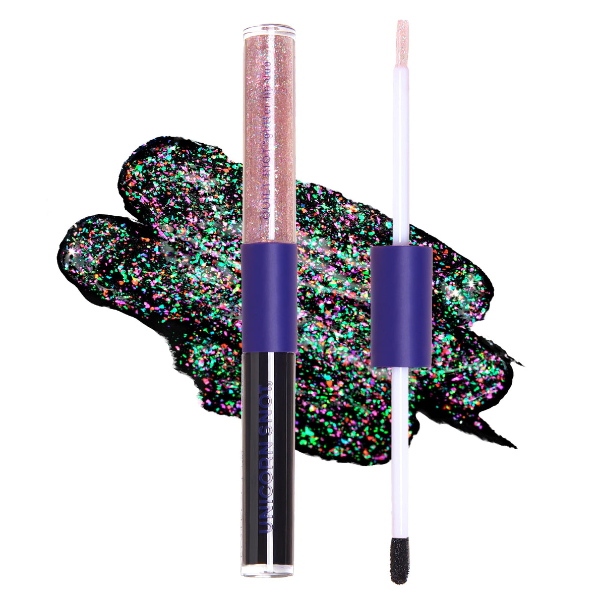 UNICORN SNOT Quiet Riot packaging shows eco-friendly glitter and 2-in-1 lip duo for on-the-go glam.