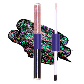 UNICORN SNOT Quiet Riot packaging shows eco-friendly glitter and 2-in-1 lip duo for on-the-go glam.