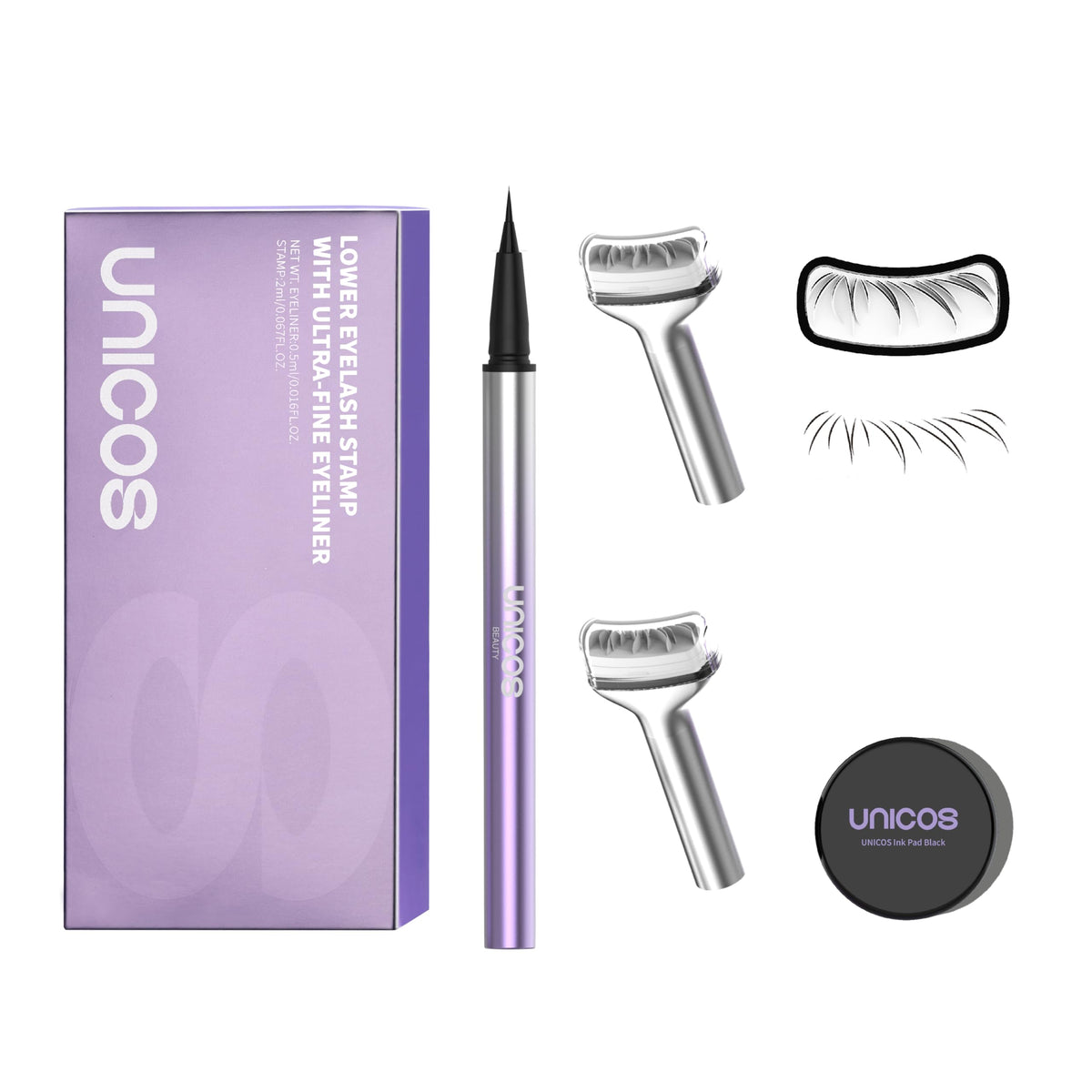 Unicos 2-in-1 lower lash stamp and eyeliner pen for precise natural definition.