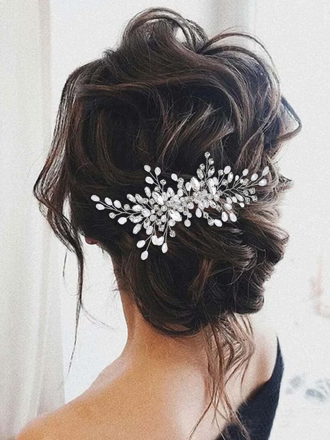 Unicra Silver Bridal Headpiece rhinestones full view on wedding look