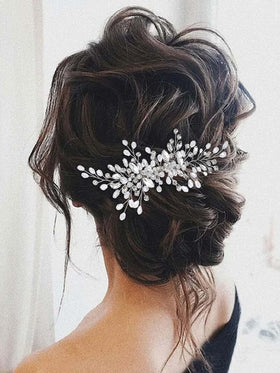 Unicra Silver Bridal Headpiece rhinestones full view on wedding look