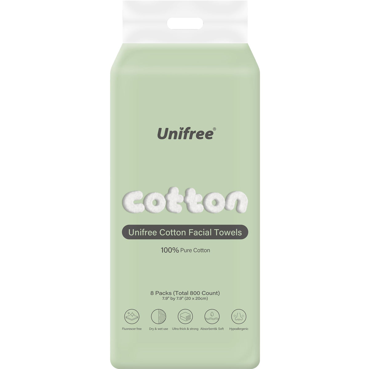 UNIFREE facial tissues 800-count pack offering soft, absorbent cleansing for gentle skin.