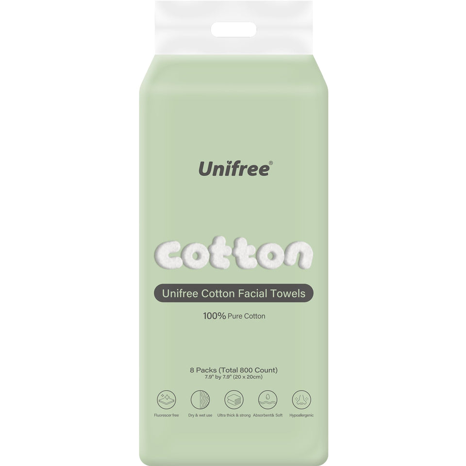 UNIFREE facial tissues 800-count pack offering soft, absorbent cleansing for gentle skin.