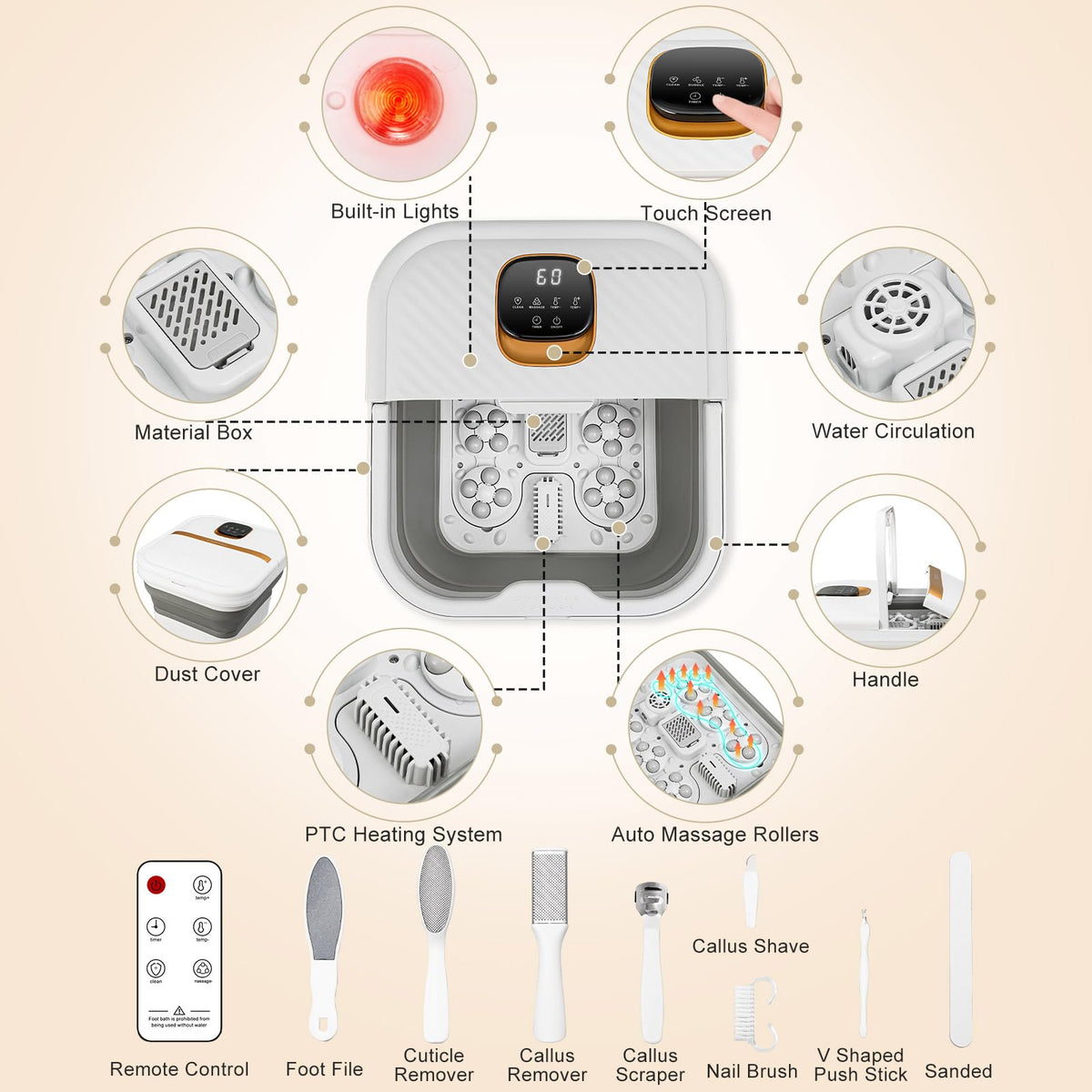 Unifull foot spa heat control display showing adjustable temperature.