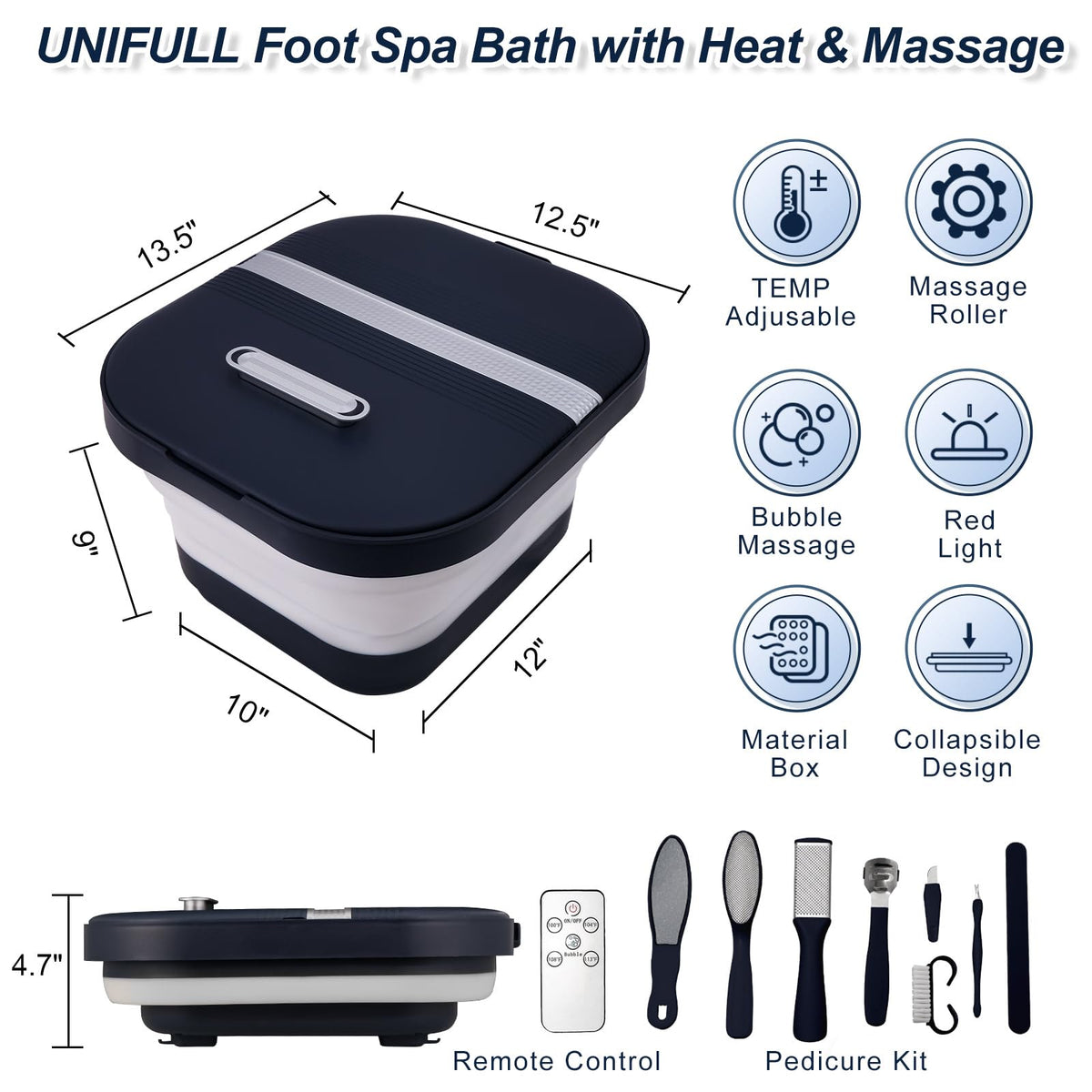 UNIFULL Foot Spa showing massage rollers and bubbles for soothing relief.