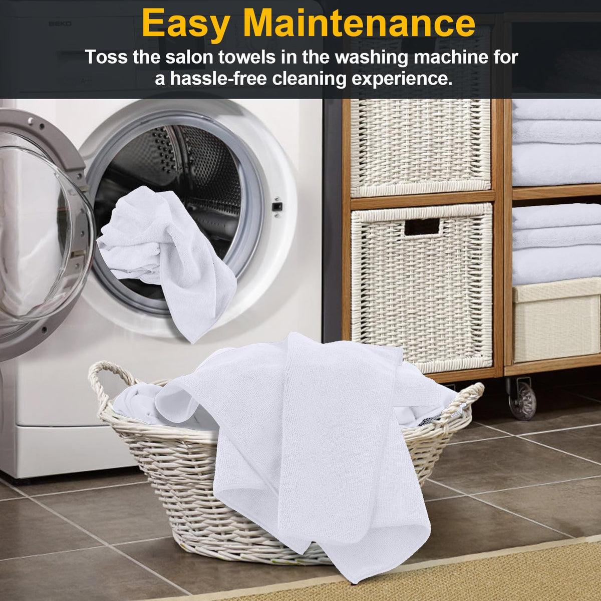 UNIMADE clean white towels stacked neatly for home bathroom or salon supplies.