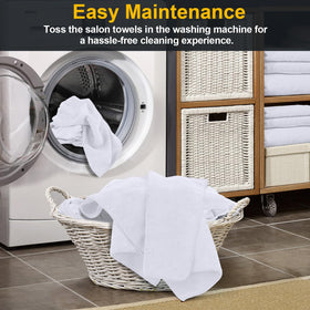 UNIMADE clean white towels stacked neatly for home bathroom or salon supplies.