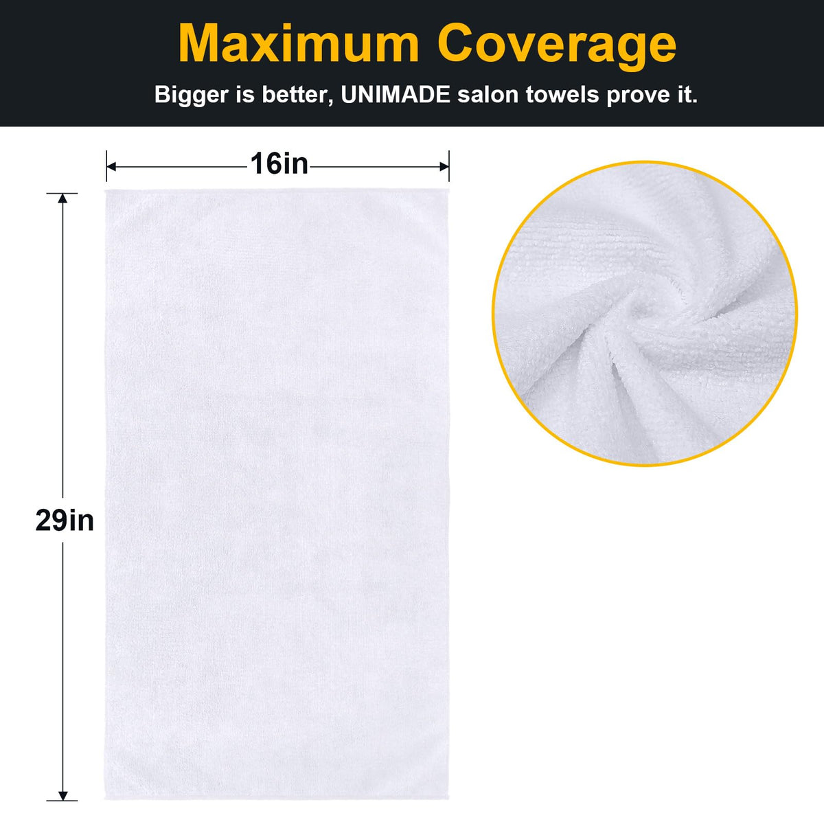 UNIMADE hair towel 16x29 white shown folded for efficient client drying.