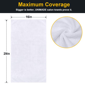 UNIMADE hair towel 16x29 white shown folded for efficient client drying.