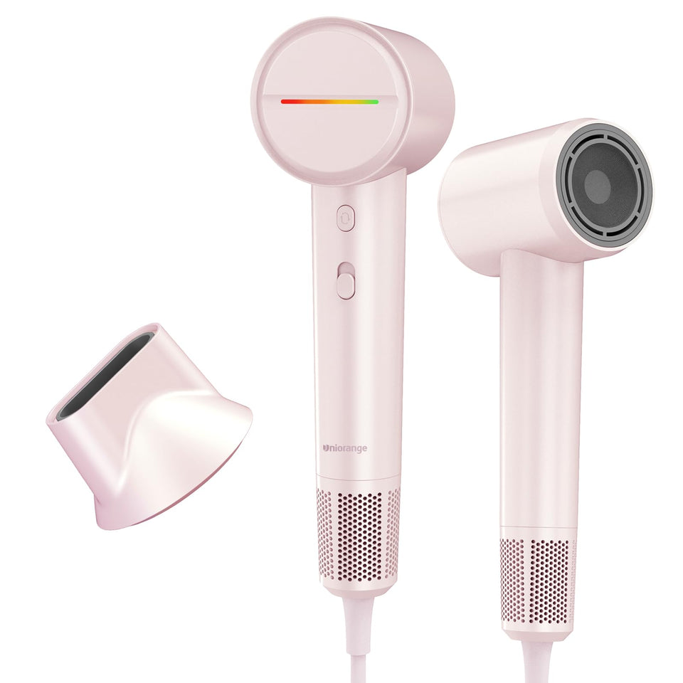 UNIORANGE high speed hair dryer front view highlighting plasma ion tech for frizz control.