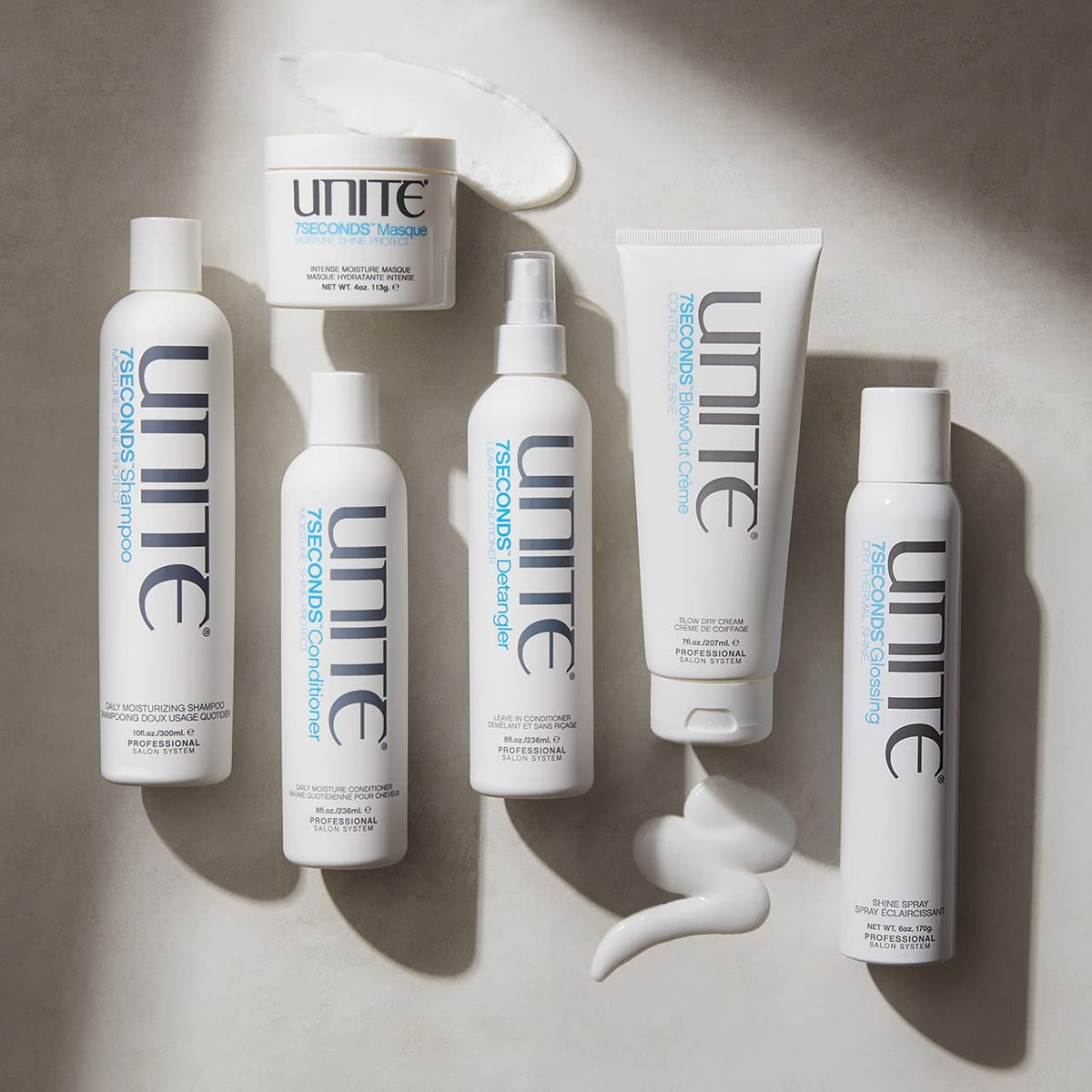 UNITE 7SECONDS Masque packaging on shelf signals salon-grade hair care.