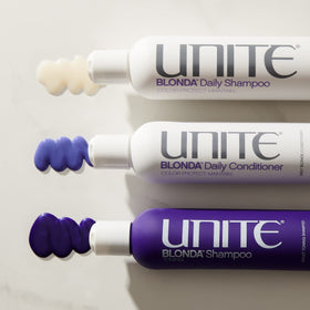 UNITE Blonda Daily Purple Conditioner color-protection on highlighted strands.