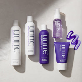 UNITE Blonda Daily Purple Conditioner extensions-safe formula on hair.