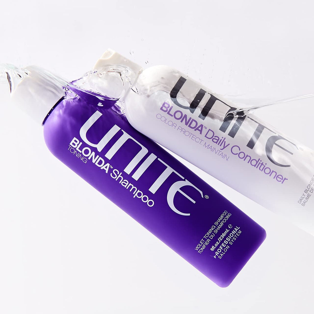 UNITE Blonda Daily Purple Conditioner label closeup highlights vitamins for hair health.