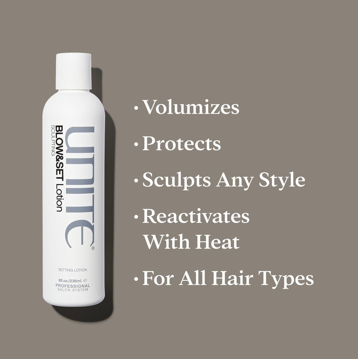 Hands applying UNITE BLOW&SET lotion for smooth control and flexible hold