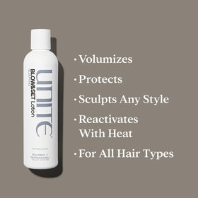 Hands applying UNITE BLOW&SET lotion for smooth control and flexible hold
