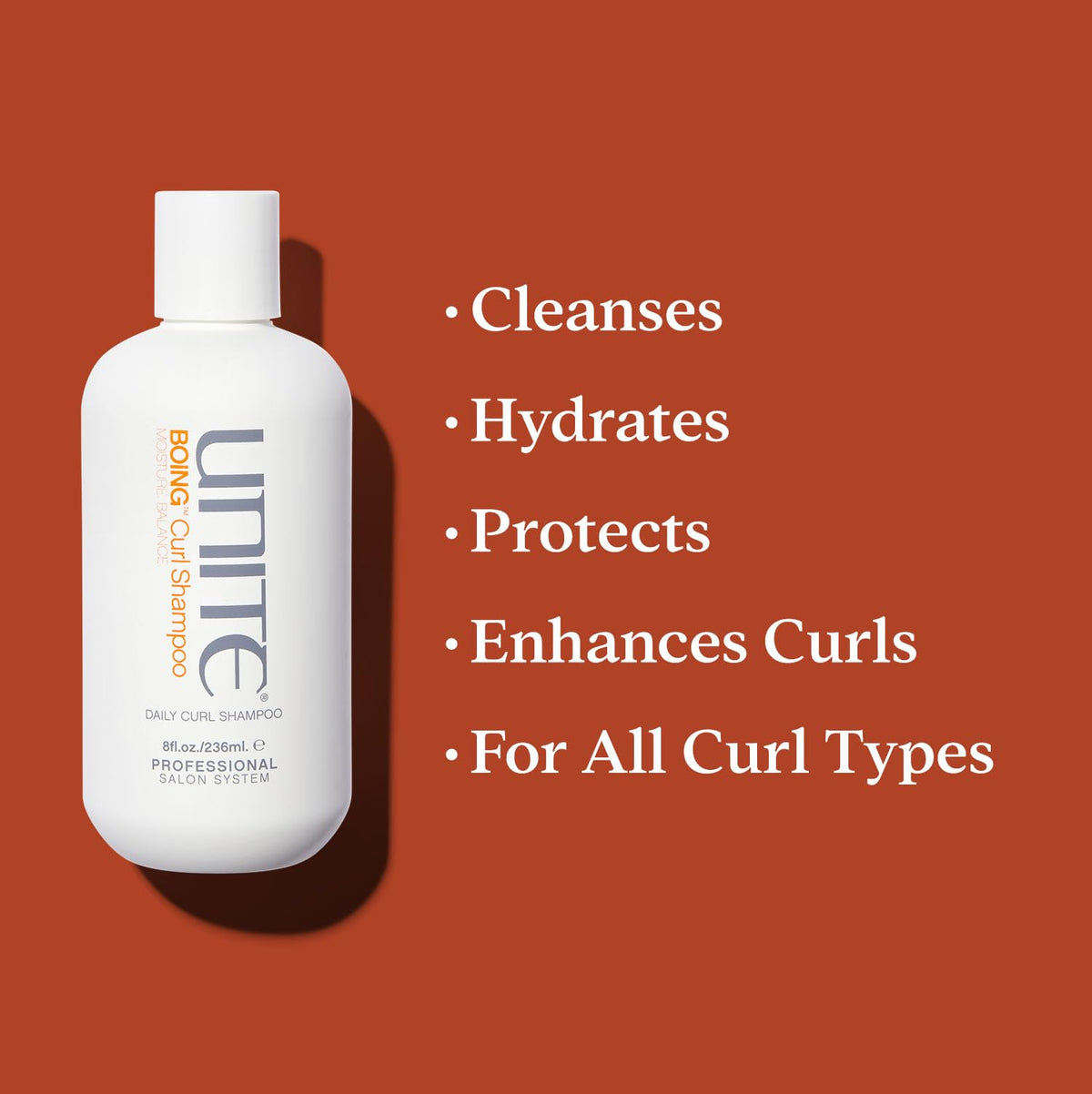 UNITE BOING Curl Shampoo on curly hair showcases coconut-enriched hydration.