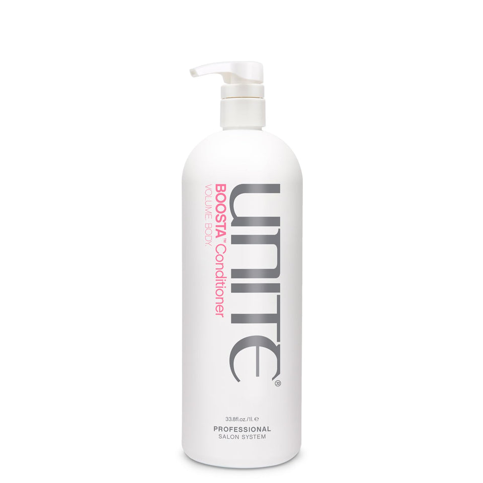 UNITE BOOSTA conditioner bottle showing lightweight volumizing formula for fine hair