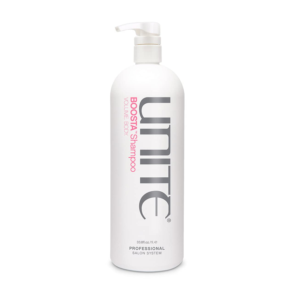 UNITE BOOSTA Shampoo bottle pour demonstrates a light cleanse and buildup removal for fuller hair