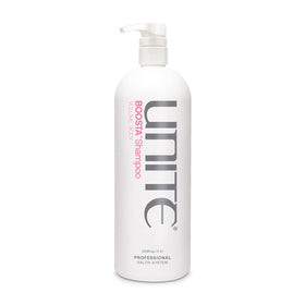 UNITE BOOSTA Shampoo bottle pour demonstrates a light cleanse and buildup removal for fuller hair