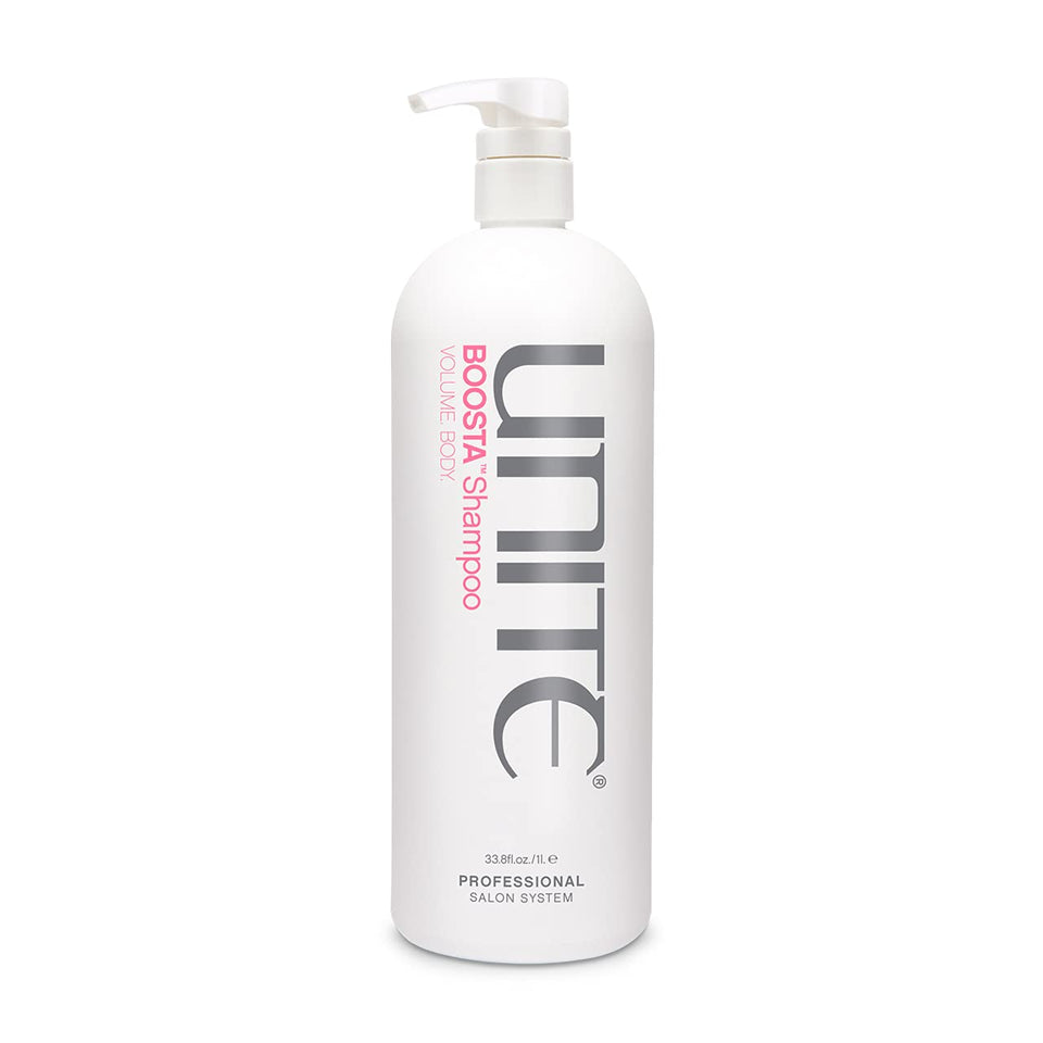 UNITE BOOSTA Shampoo bottle pour demonstrates a light cleanse and buildup removal for fuller hair