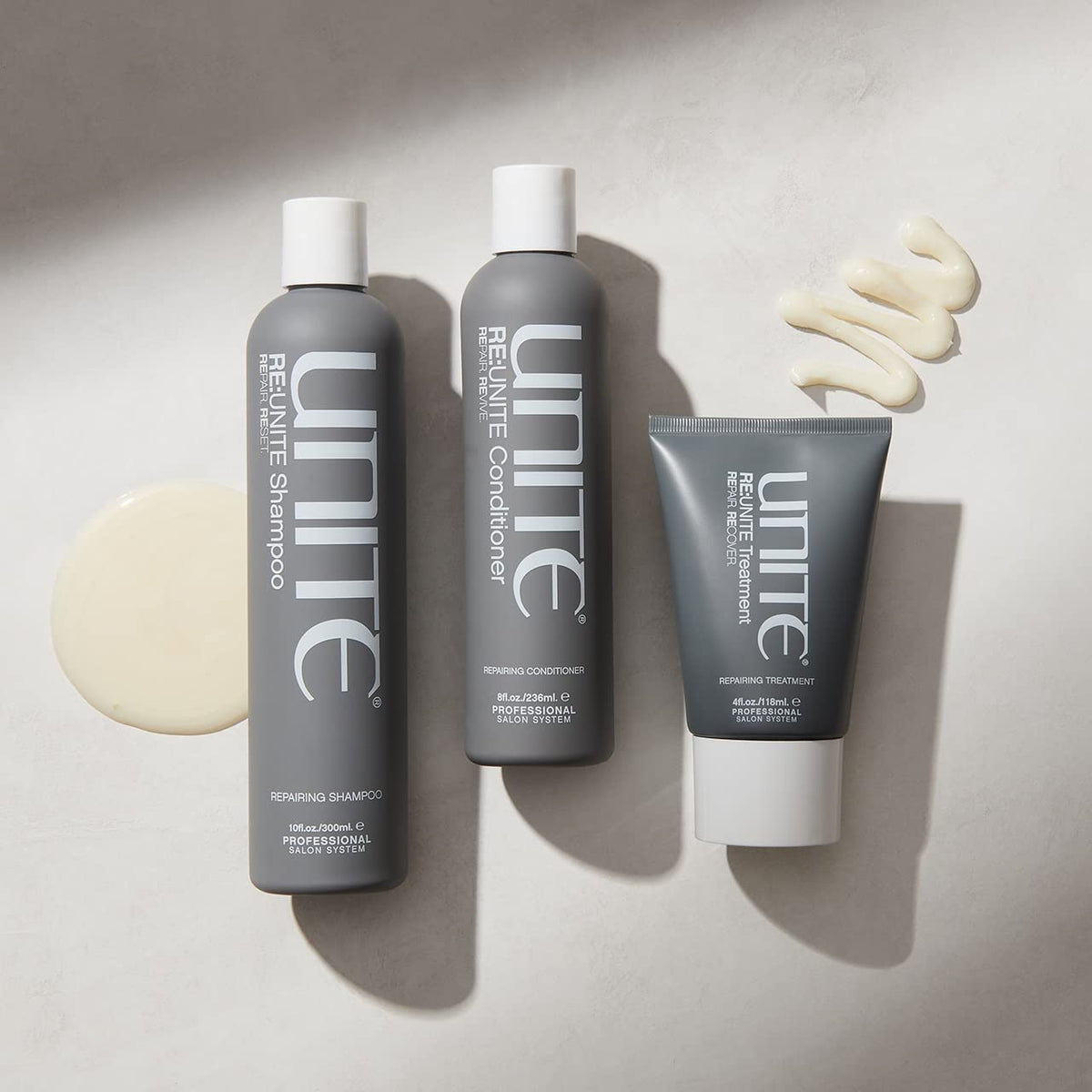 UNITE RE:UNITE conditioner packaging on display communicates premium repair formula