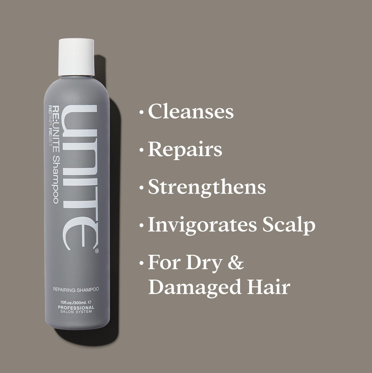 Close-up of UNITE RE:UNITE Shampoo label highlighting sulfate-free formula for gentle cleansing.