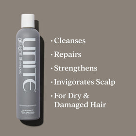 Close-up of UNITE RE:UNITE Shampoo label highlighting sulfate-free formula for gentle cleansing.