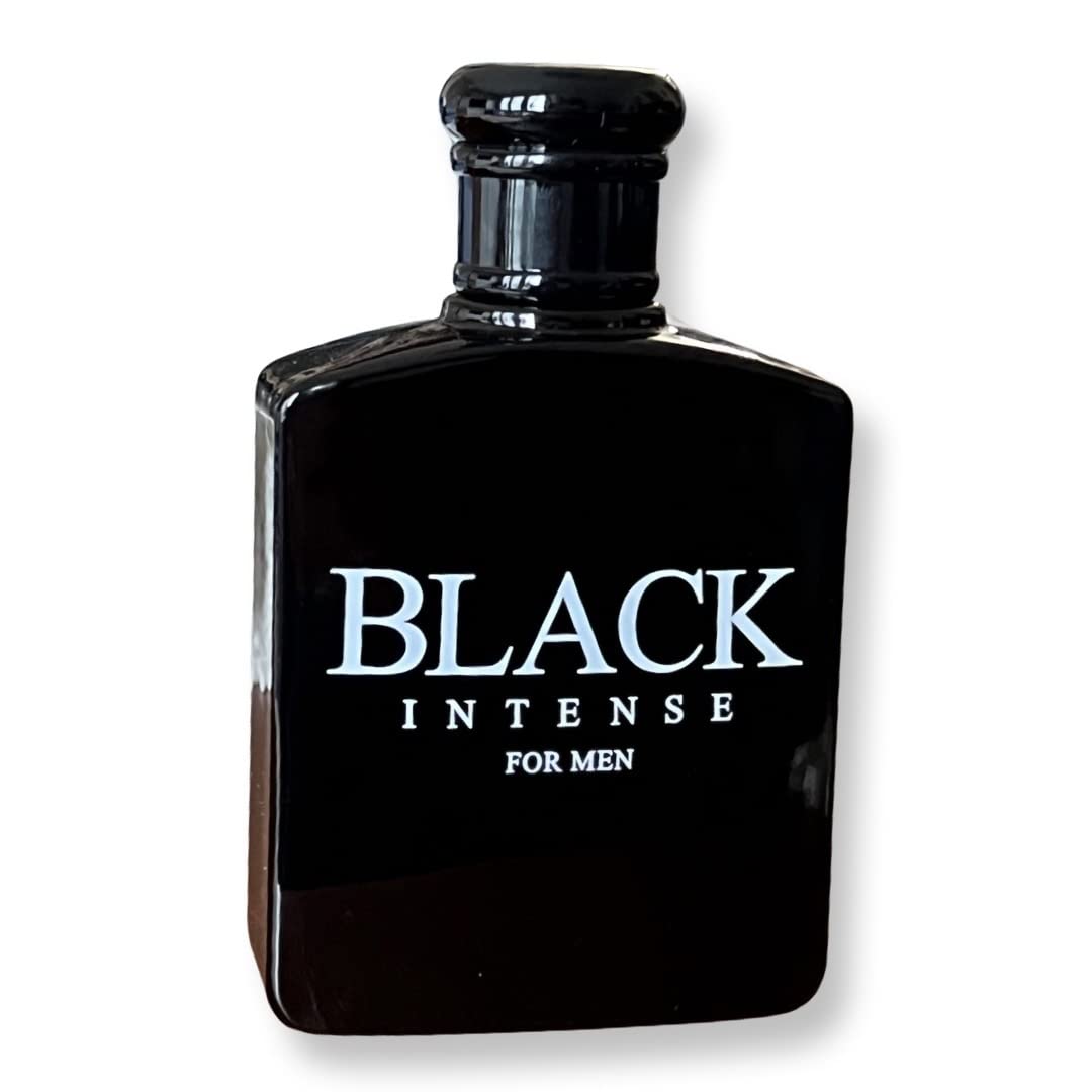 United Scents Black Intense bottle side, sleek glass design with premium appeal.
