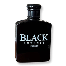 United Scents Black Intense bottle side, sleek glass design with premium appeal.