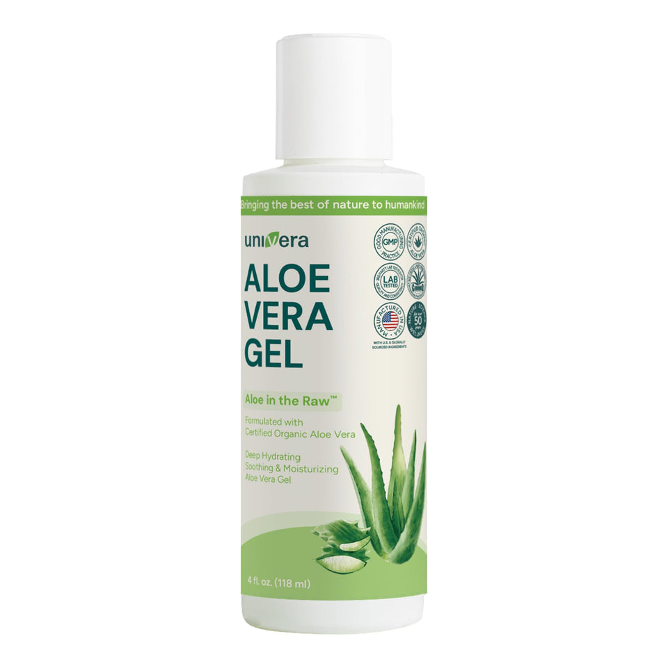 Univera Aloe in the Raw bottle pour delivers a cooling, fragrance-free after-sun hydration.