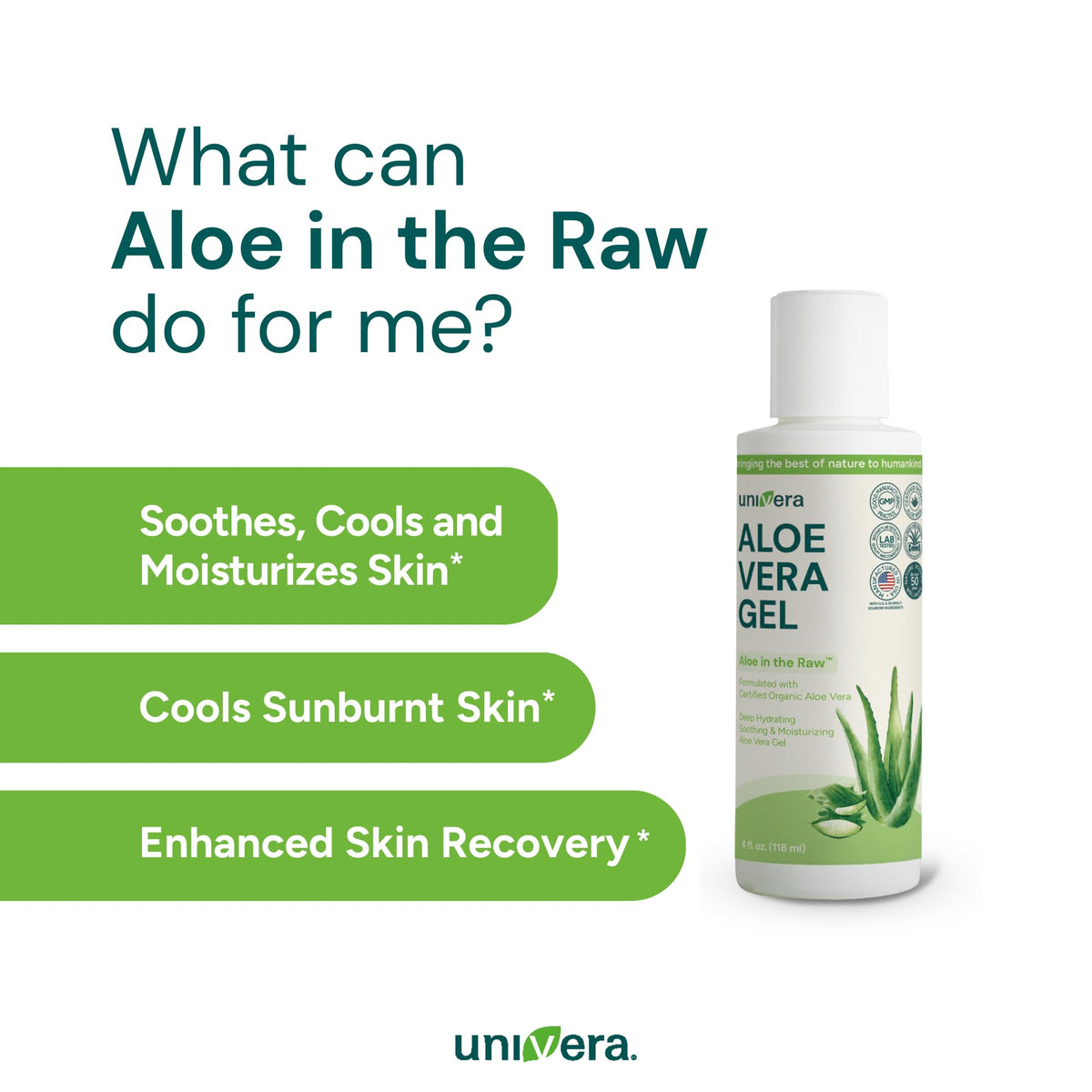 Univera Aloe in the Raw farm-origin garden image emphasizes a heritage of organic certifications.