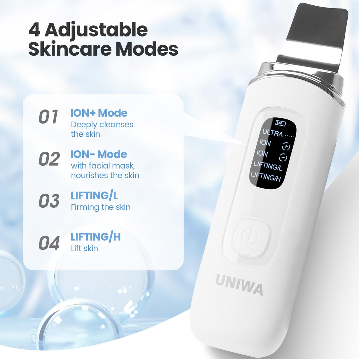 UNIWA Skin Scrubber 3D curved plate fits facial contours for thorough cleaning.