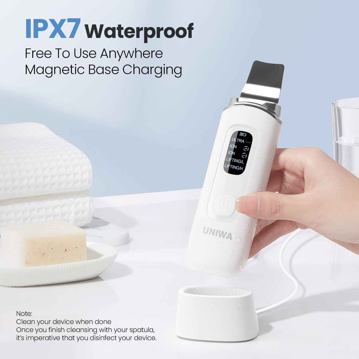 UNIWA Skin Scrubber Ion- mode aids cream absorption and product boost.