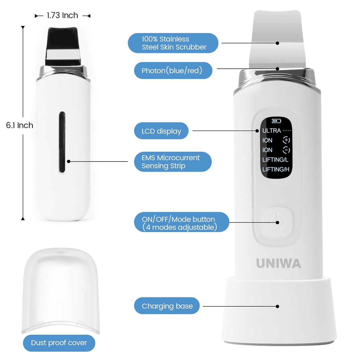 UNIWA Skin Scrubber IPX6 waterproof image indicates splash resistance.
