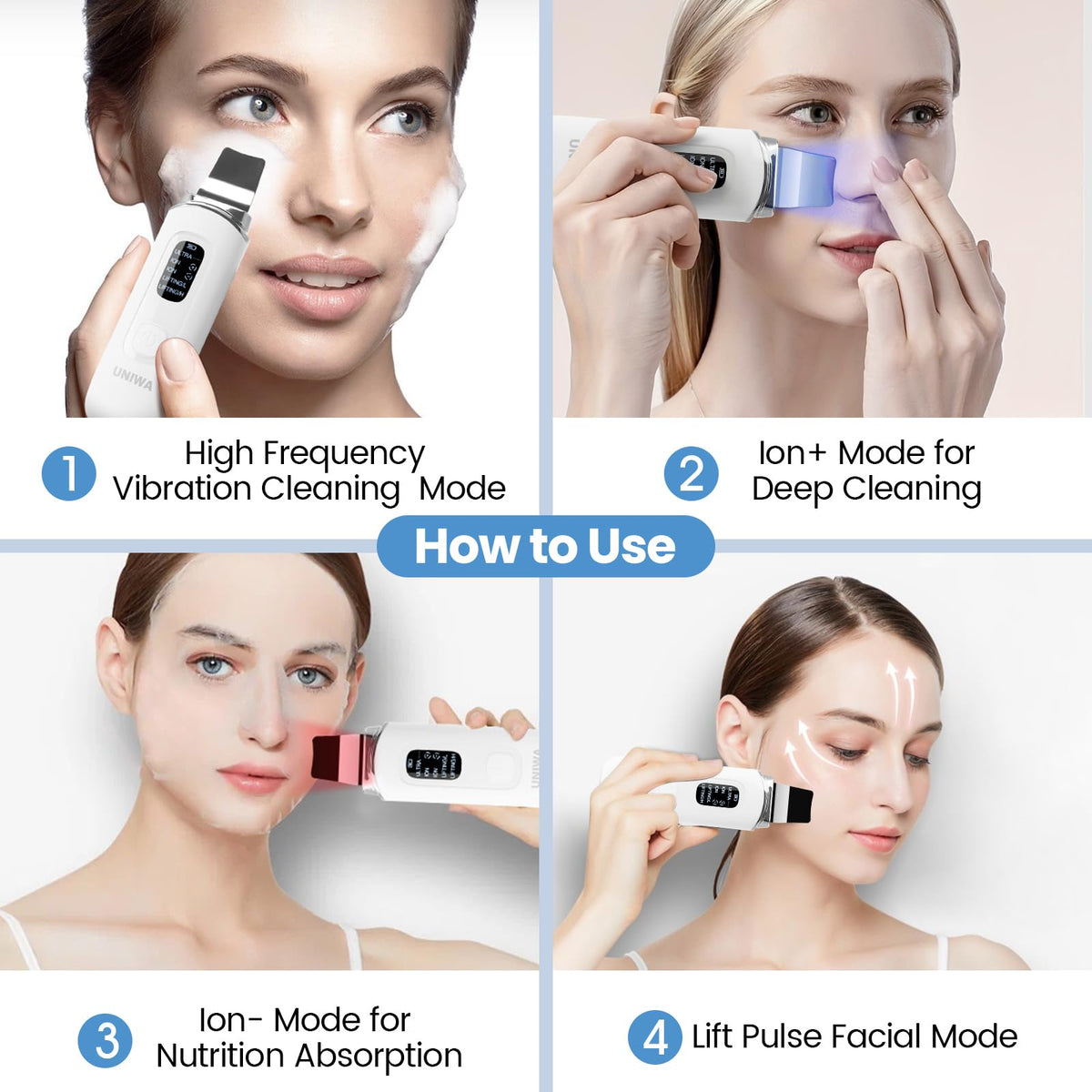UNIWA Skin Scrubber wet skin use shows safe operation on damp skin.