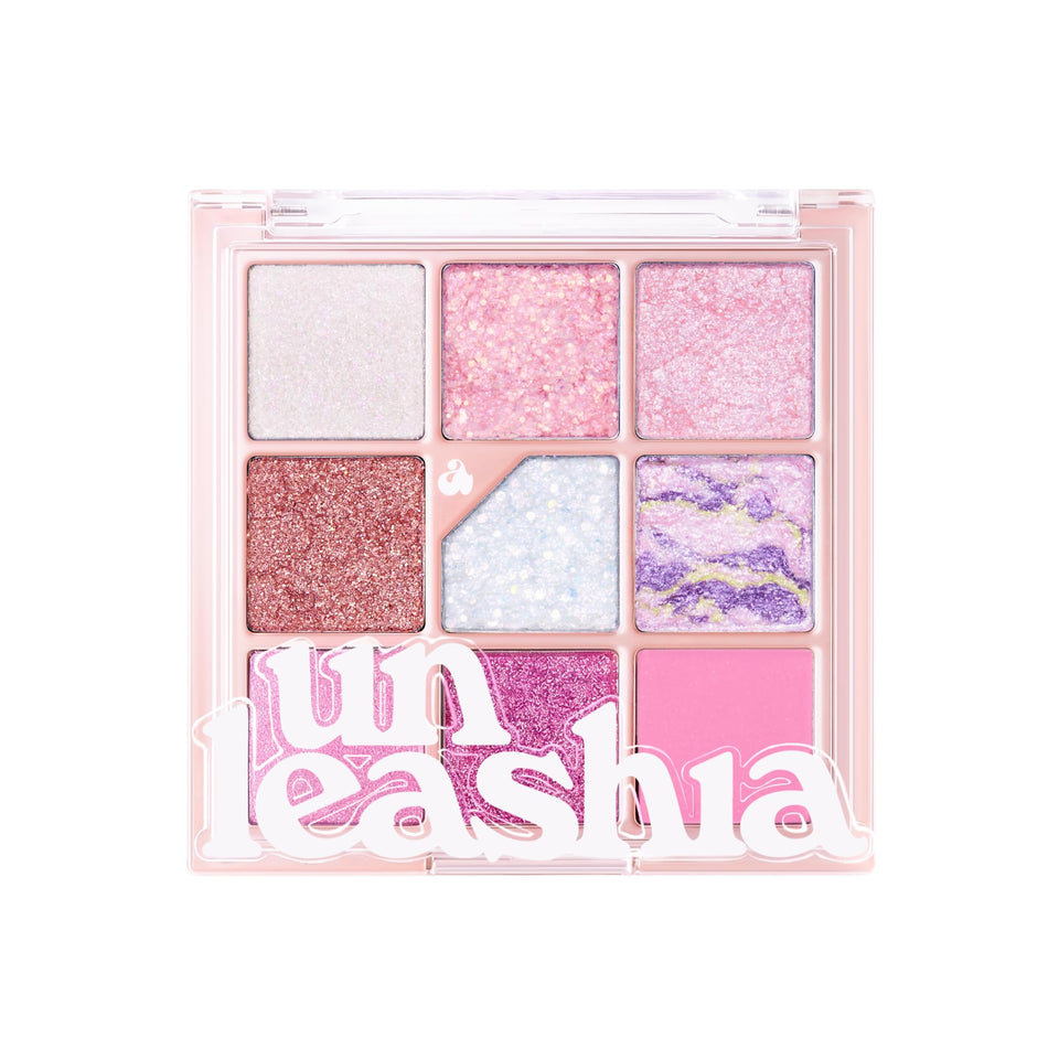UNLEASHIA Glitterpedia Eyeshadow Palette close-up showing vibrant glitter for all-day color.