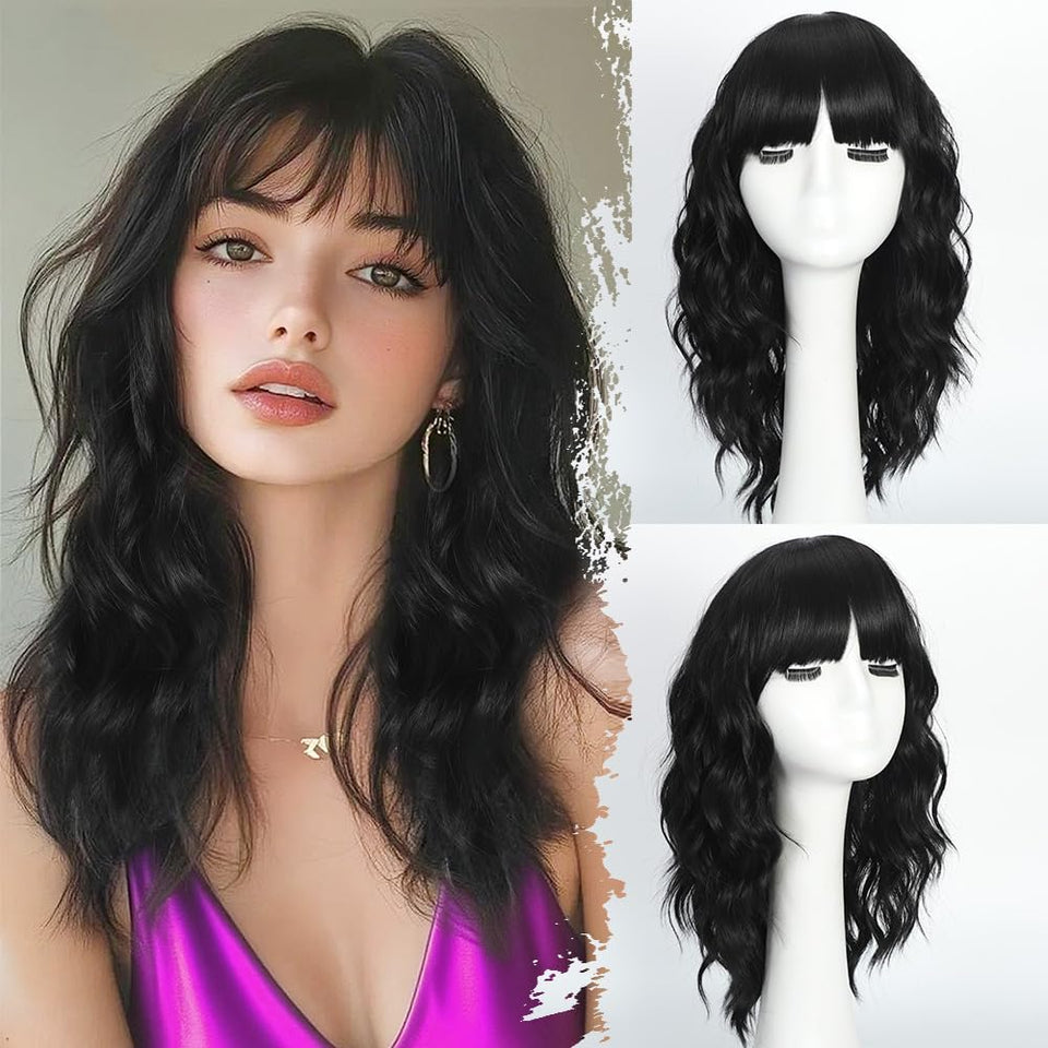 UNNYMGER black wig with bangs 16in for a natural day-to-day look