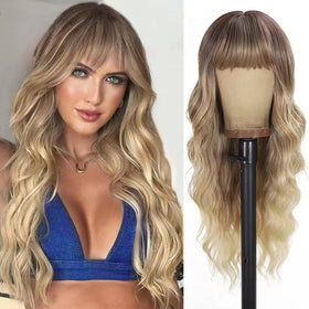 UNNYMGER Blonde Wig with Bangs, long curly waves, ombre brown roots for a natural look.