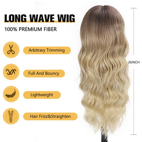 UNNYMGER long wavy blonde wig with bangs, soft skin-friendly cap for daily wear.