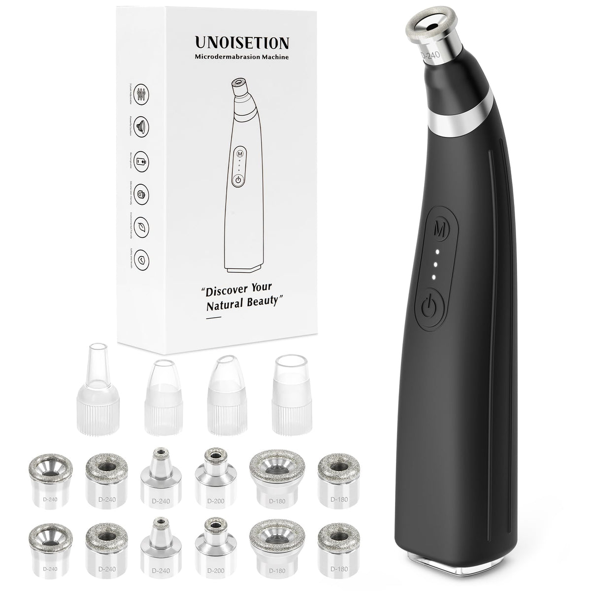 UNOISETION Diamond Tips 12-pack shown for versatile at-home exfoliation and customized treatment.