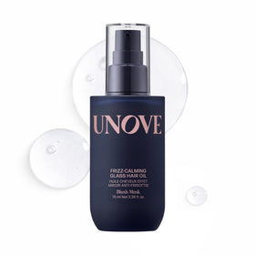 UNOVE Frizz-Calming Glass Hair Oil bottle closeup showing glass-like shine for sleek results