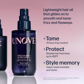 UNOVE Frizz-Calming Glass Hair Oil dispenser pump in action, primed for frizz control