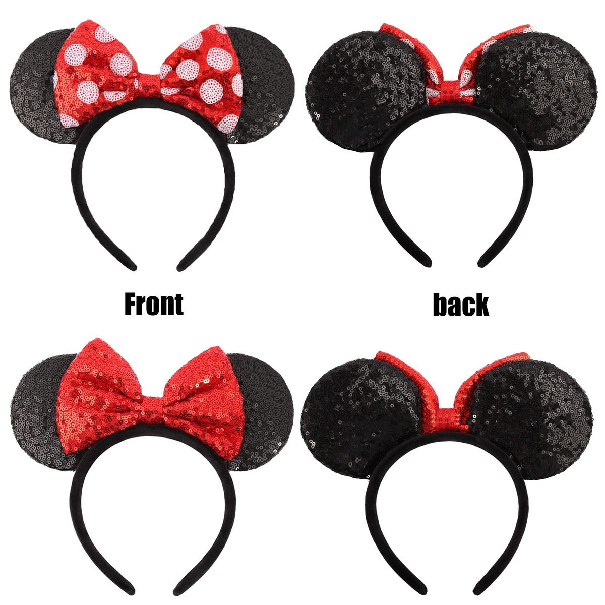 UNSPAZ shiny sequin mouse ears headband with red polka dot bow elevates party outfits